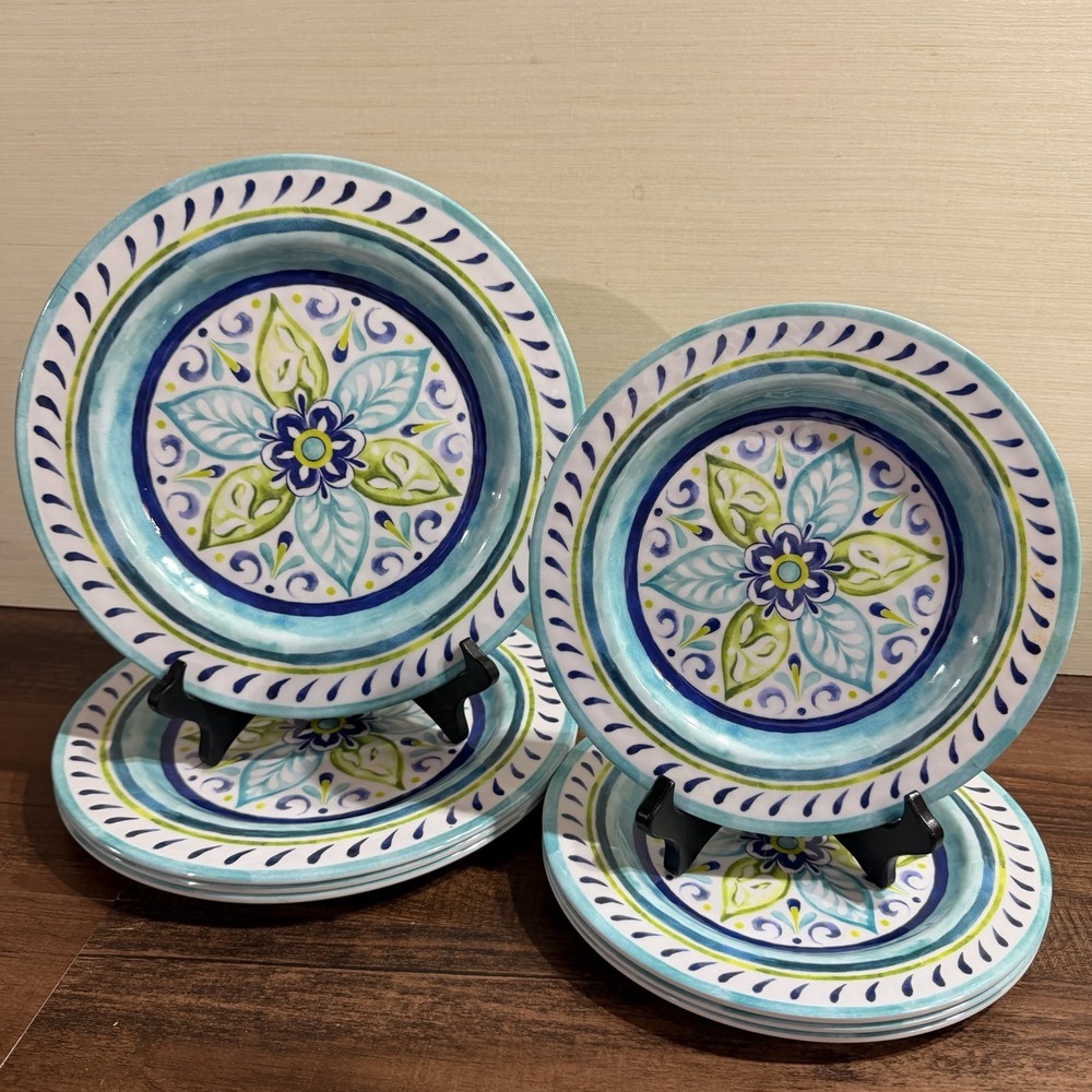 8 Laurie Gates Flora Blue Moroccan Mandala Plates Melamine Dinner Salad Boho